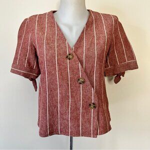 Twik Boho Blouse Linen Blend V Neck Side Closure Button Short Sleeve Striped XS
